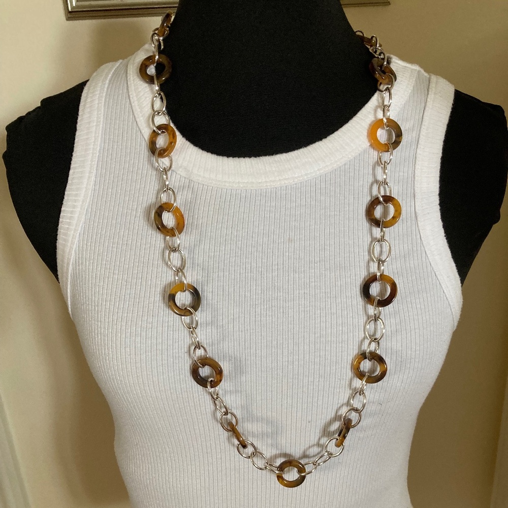 Chaps Faux Tortoise Shell Silver stone Chain Necklace